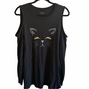 torrid Black cold shoulder top with Gold & White Cat Face